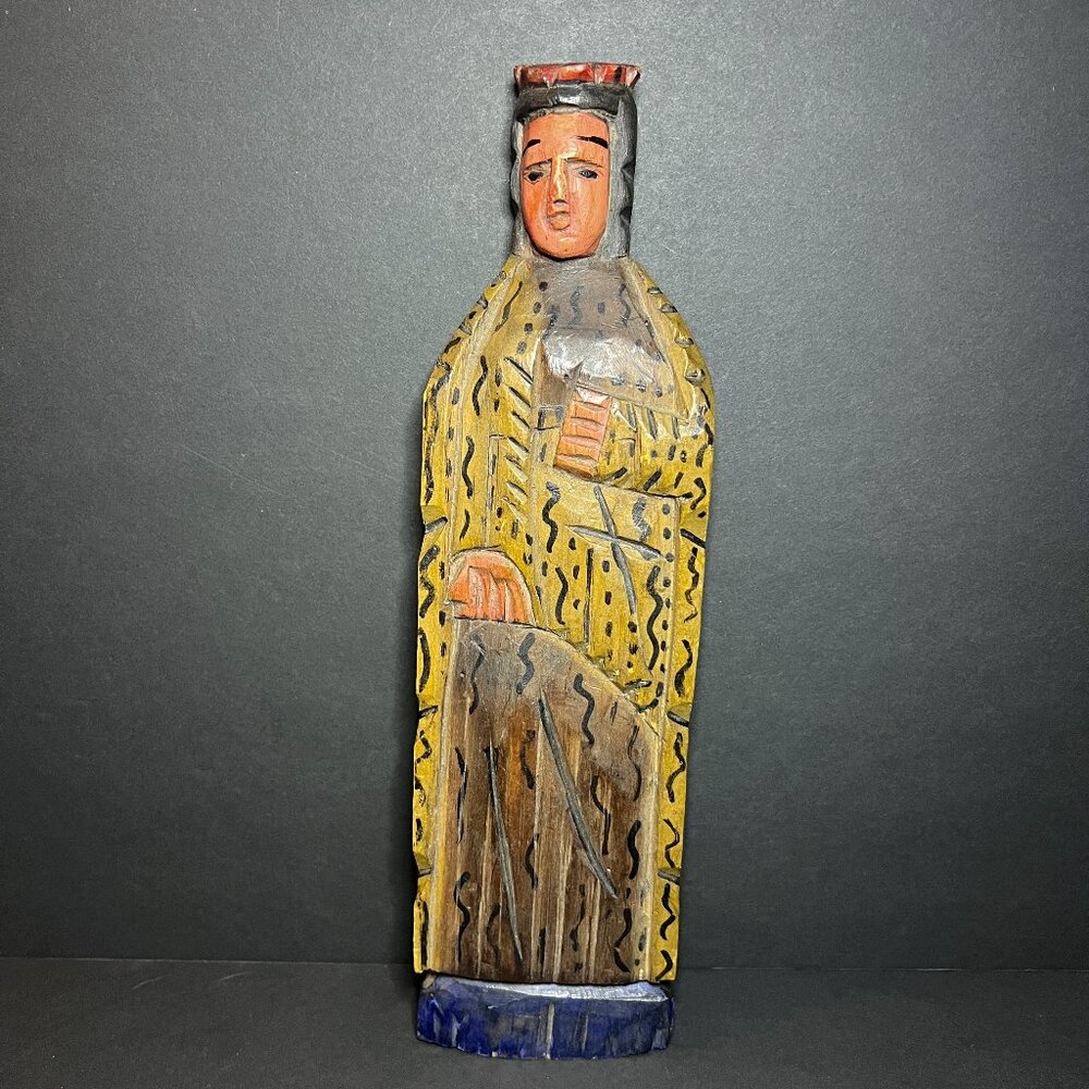 VTG Artisanal Hand Carved Wooden Folk Art Santos Saint Statue Sculpture 11.5"